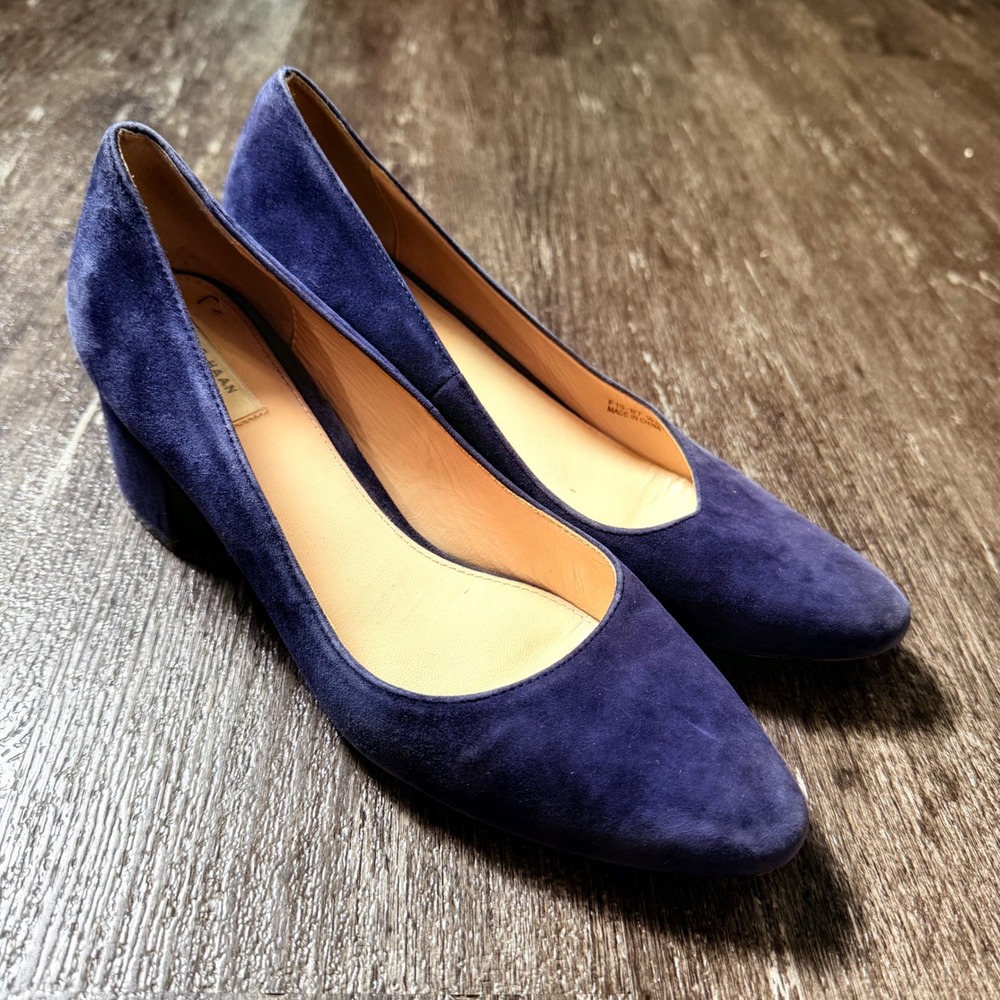 Cole Haan Pumps Women 7B Navy Blue Suede Block Heel Almond Toe W04721